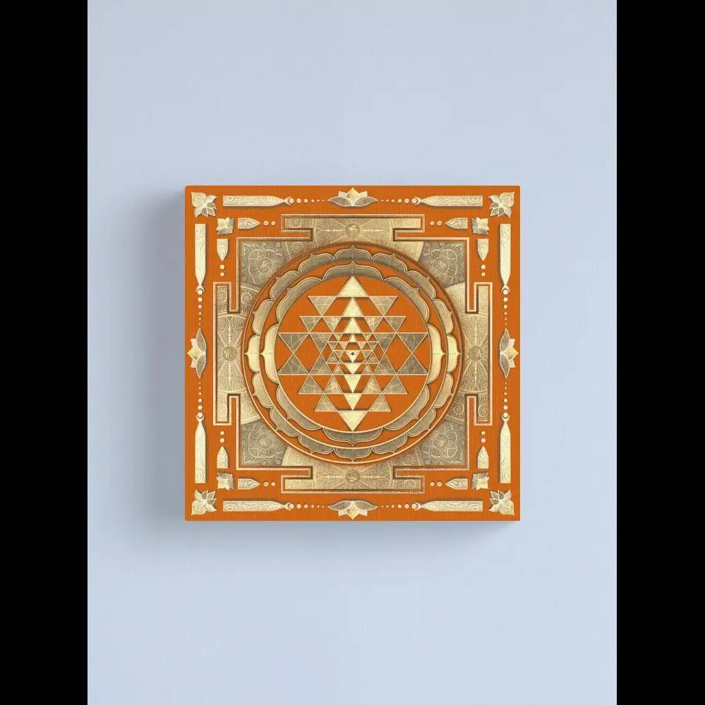 Golden Sri Yantra Canvas Print with Temple Orange Background  Sacred Geometry Wall Art for Home Decor Meditation Space and Spiri