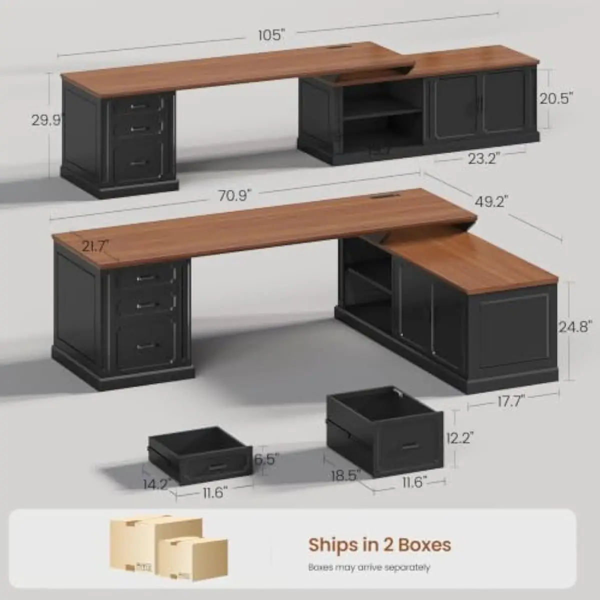 Farmhouse-style L-shaped computer desk with versatile storage solution featuring file drawer, two utility drawers, enclosed cabi