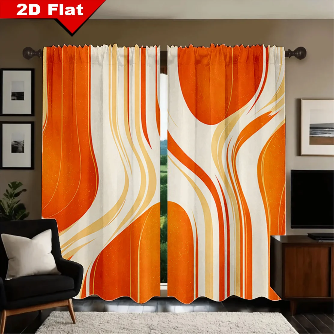 2pcs Orange Beige Fluid Wave Curtains 2D Flat Print Polyester Light Filtering Rod Pocket Living Room Bedroom