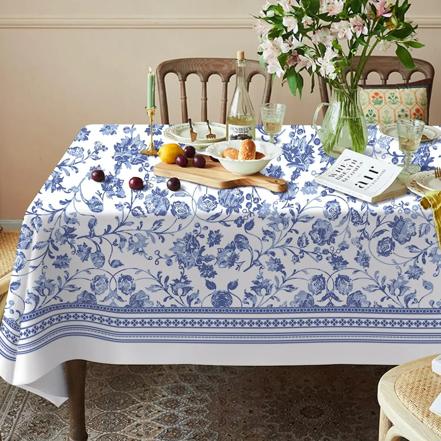 Blue Floral Rustic Rectangle Tablecloth Kitchen Dining Room Decor Waterproof Tablecloth for Table Holiday Party Decorations
