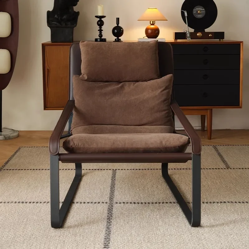 Retro designer leisure chair Italian medieval saddle leather lazy down sofa wrought iron single chair