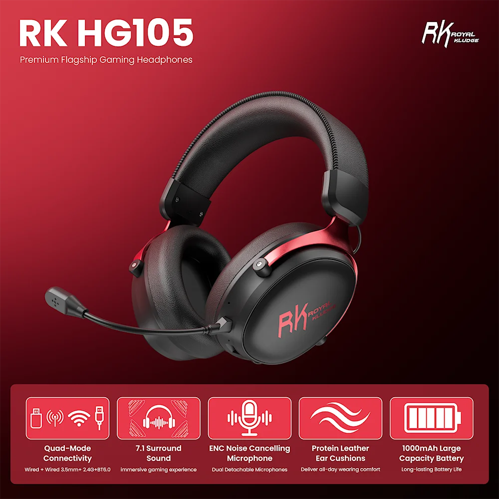 Беспроводные наушники RK ROYAL KLUDGE HG105 с объемным звуком 7.1, 53-мм динамиками, RGB-подсветкой, Bluetooth и микрофоном с шумоподавлением ENC