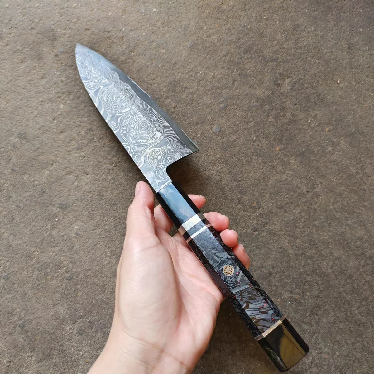 7 Inch Deba Knife Single-edged Blade Damascus Steel Cleaver Sashimi Slicing Japanese Kitchen Knives Carbon Fibre & Resin Handle