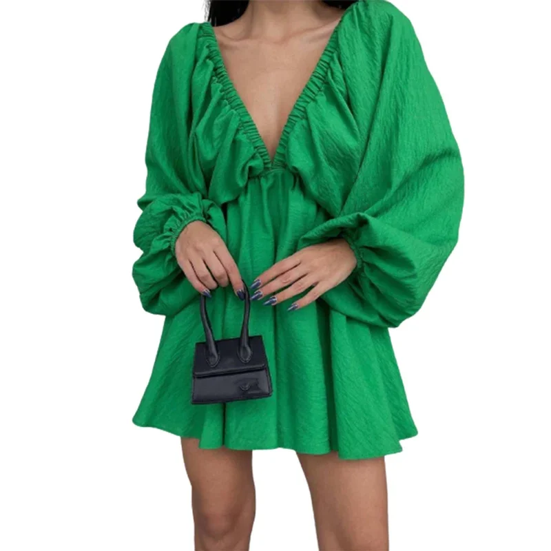 Fashion Front Back Pleated Deep V Neck Backless Dresses Women New Solid Color Bubble Sleeve Big Hem Dressy Female Commuter Gown