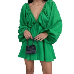 Fashion Front Back Pleated Deep V Neck Backless Dresses Women New Solid Color Bubble Sleeve Big Hem Dressy Female Commuter Gown