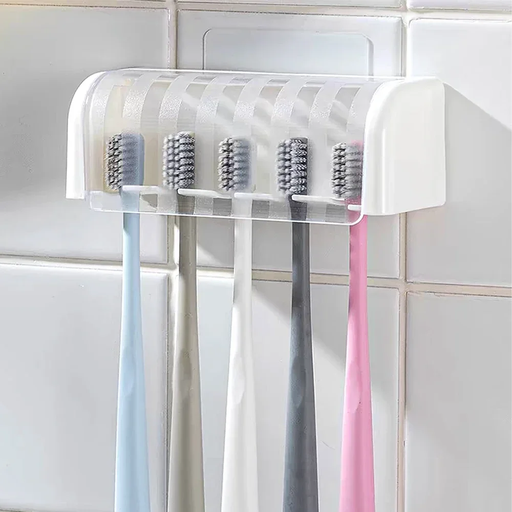 5 Holes Toothbrush Holder with Cover Punch-free Dustproof Toothbrush Storage Racks Wall-mounted Home Bathroom Storage Supplies