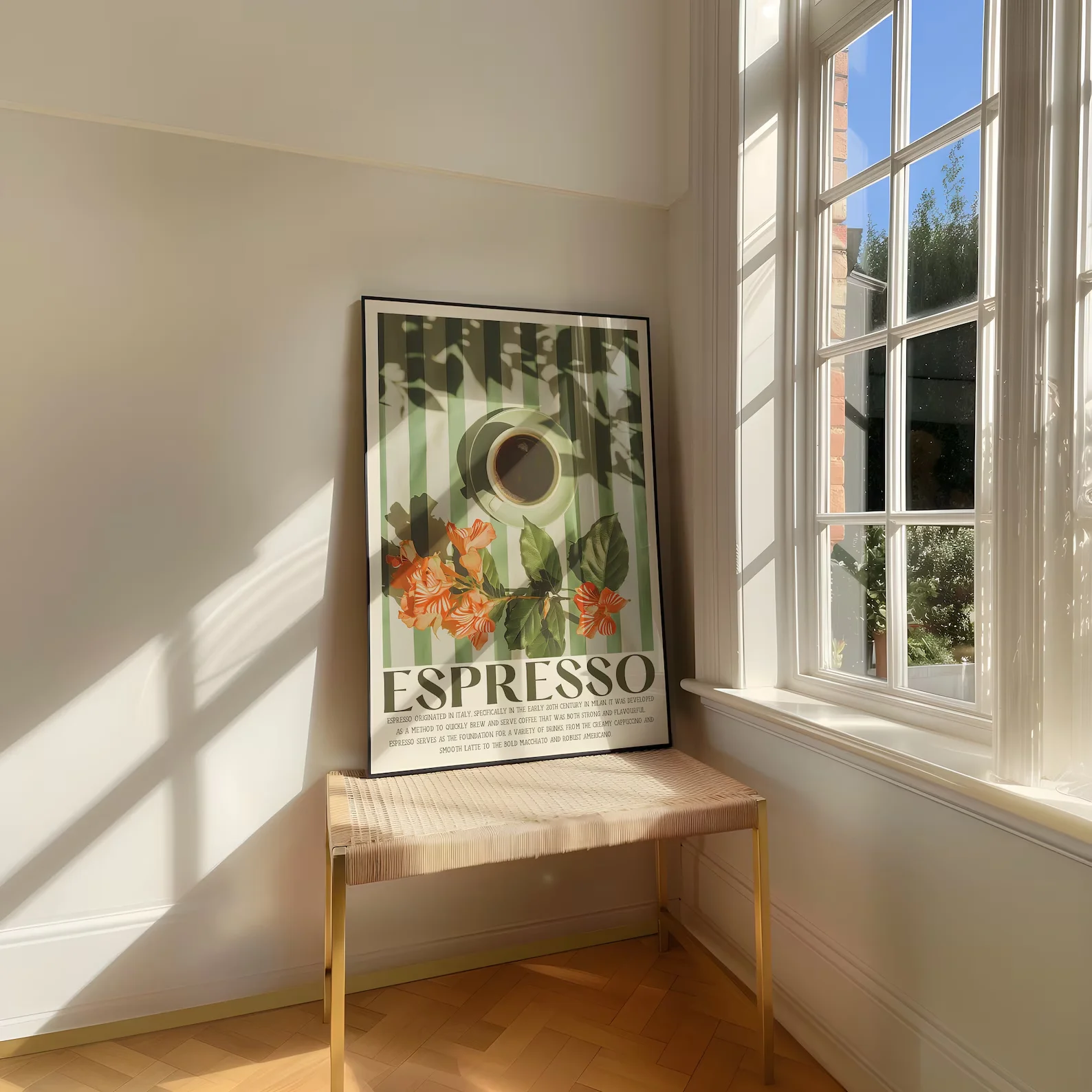ملصق مطبخ جمالي مطبوع عليه قهوة اسبريسو عتيق مع كوب قهوة إيطالي على الطاولة لديكور المقهى #3