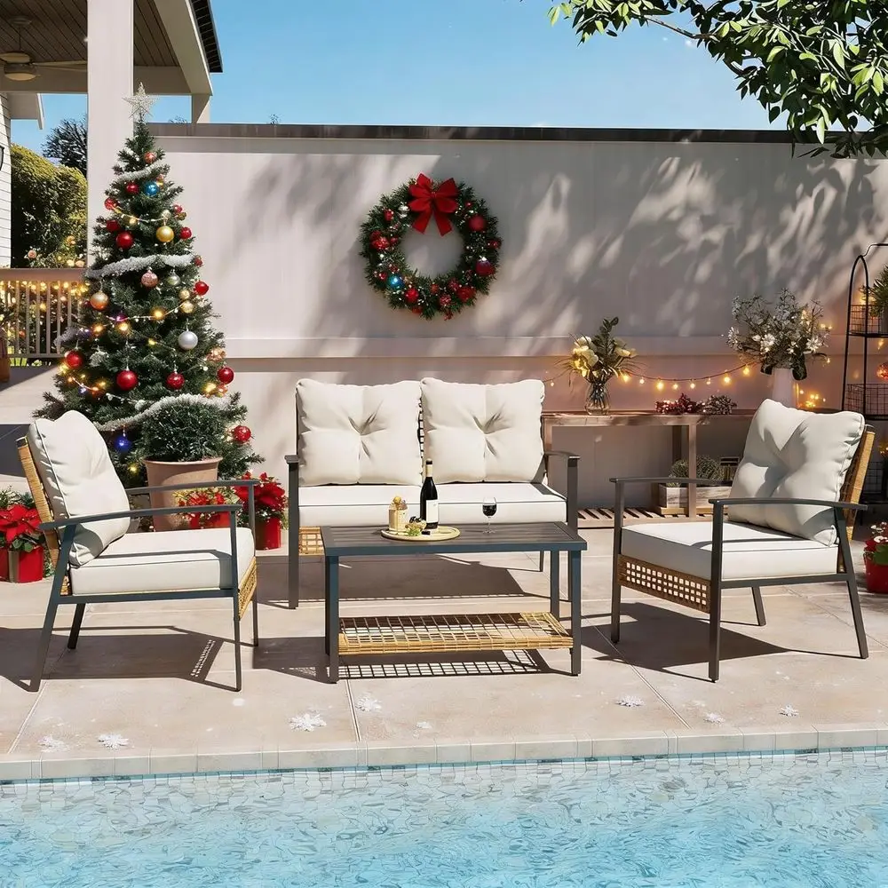 

Бежевый большой плетеный комплект мебели для патио с подушками и двухуровневым журнальным столиком для хранения вещей для гостиной на открытом воздухе