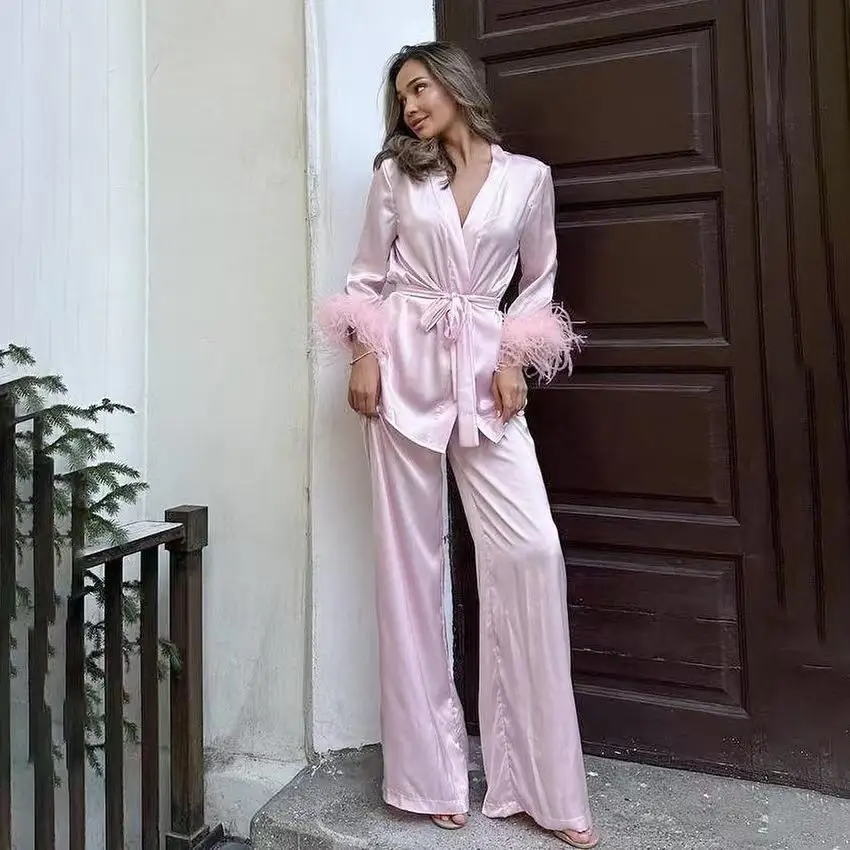 

Long Sve Open Cardigan And Pants Spwear Set Comfortable Home Clothes V-Ne Belted Pure Color Women's Autumn Faion