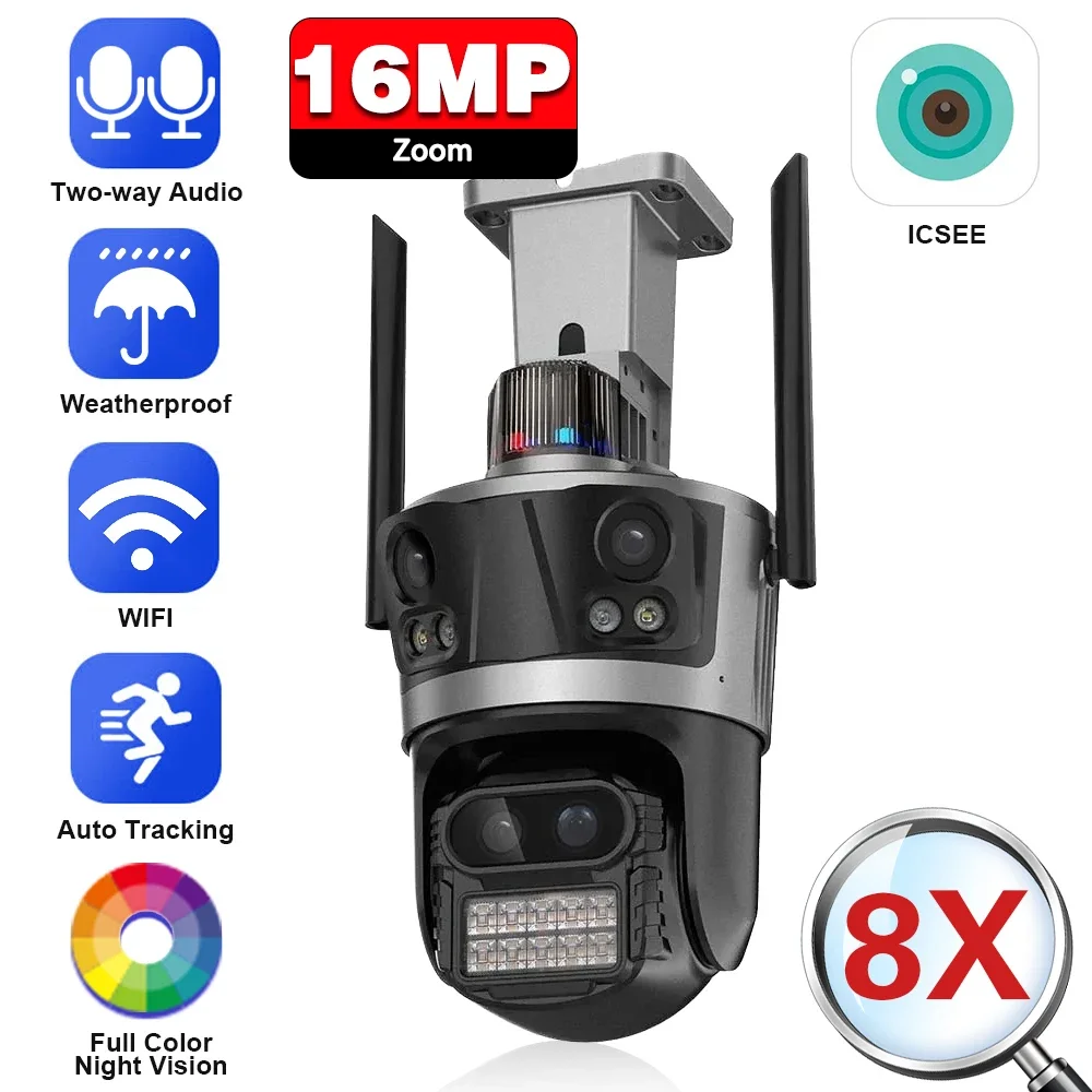 

ICsee WiFi PTZ Security Camera Four Lens 16MP 8X Zoom Outdoor 4K Wireless CCTV Video Surveillance Camera Auto Tracking IP Cam