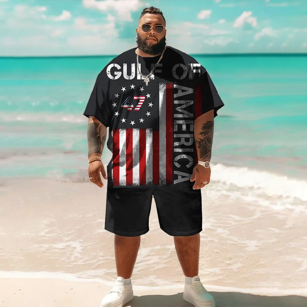 

S-9xl Большой и высокий комплект с короткими рукавами больших размеров (Элемент флага): — Прочный легкий материал, Стильные детали с принтом флага,