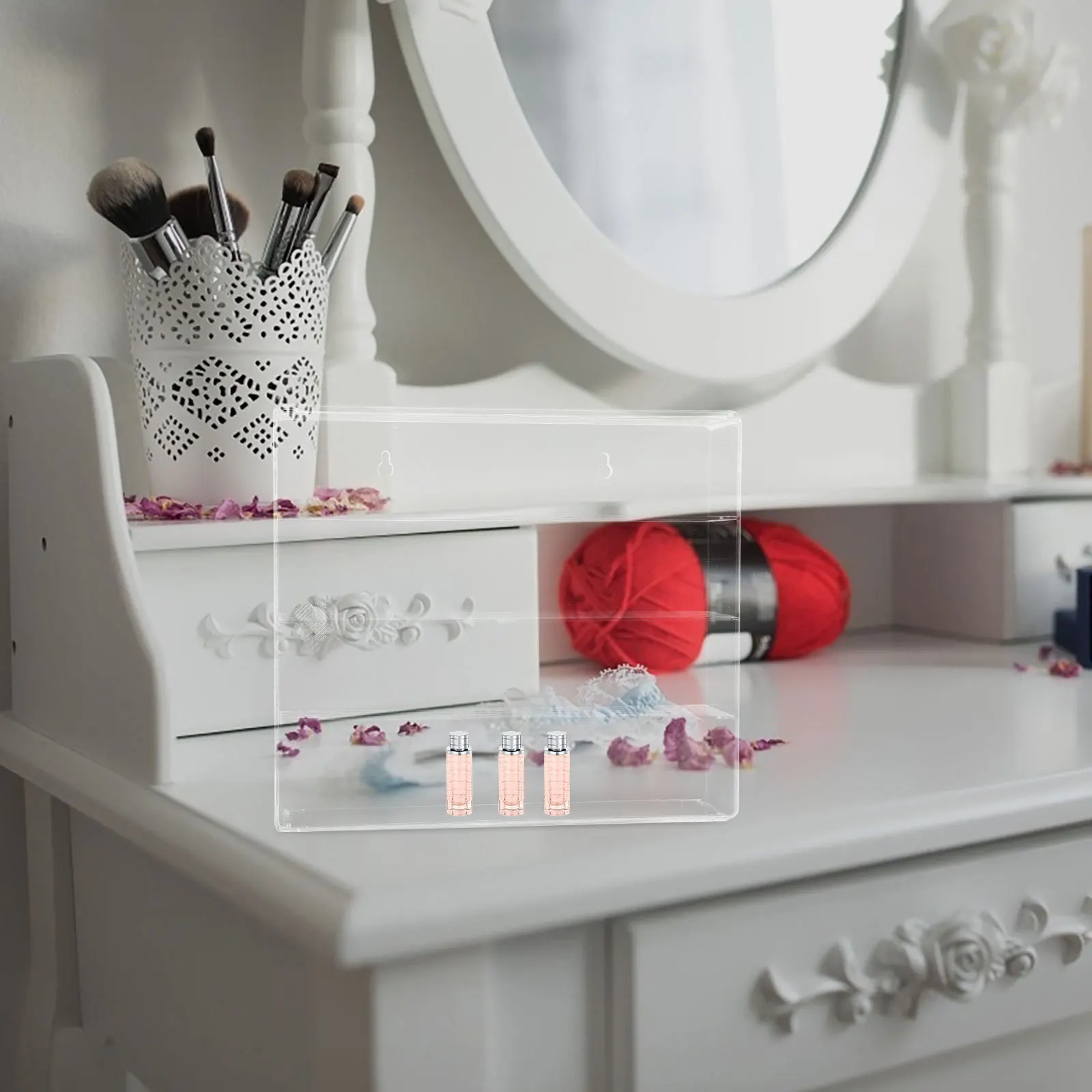 صندوق تخزين شفاف لتنظيم المكياج على سطح الطاولة مع 4 فواصل قابلة للإزالة وأحمر الشفاه والعناية بالبشرة والعطور ومنظم الزيوت العطرية #5