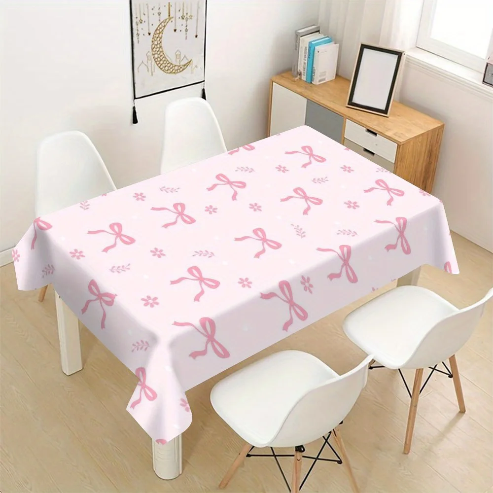 Pink Bow Floral Tablecloth, Light Pink Base Bow Flower Art Print, Anti-stain Table Cover for Dining Table & Family Party Decor