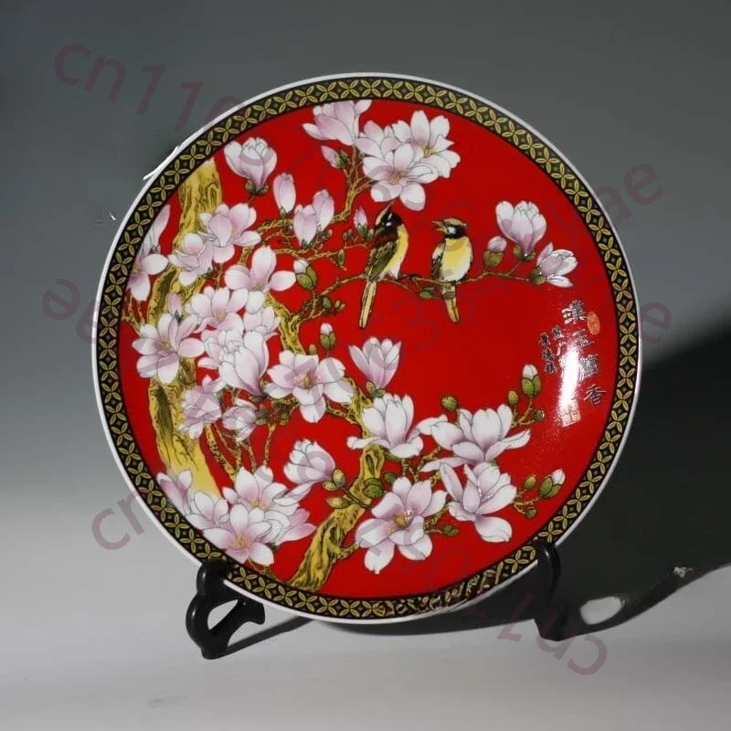 Red and Elegant Magnolia Decorative Porcelain Plate Hanging Plate