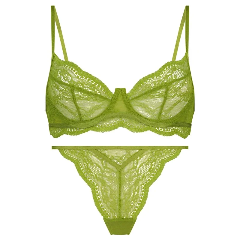 

Women Green Lace Underwire Sets Sexy Brassiere Lingerie Set G-String Thongs Underwear Exotic Bralette Bra and Panty Set Clothes