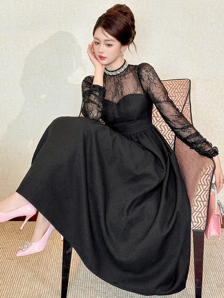 فستان نسائي فرنسي مثير باللون الأسود المبهر مزين بالترتر مع زخارف ماسية، حشوات لوحة من الدانتيل الشفاف للحفلات الراقصة أو جالاس الرسمي #6