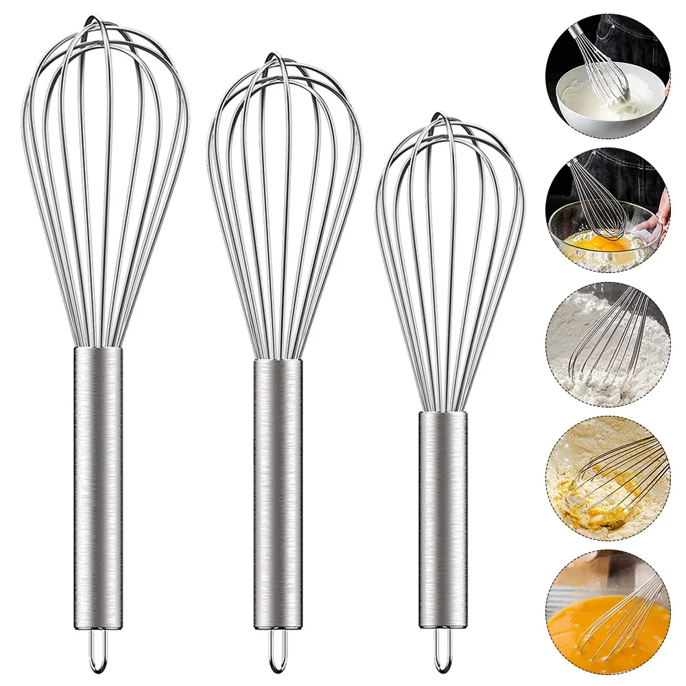 3pcs Stainless Steel Whisk Set 6 Wire Whisks 8/10/12 Inch Kitchen Balloon Whisks with Stainless Grip Manual Egg Beater Blender