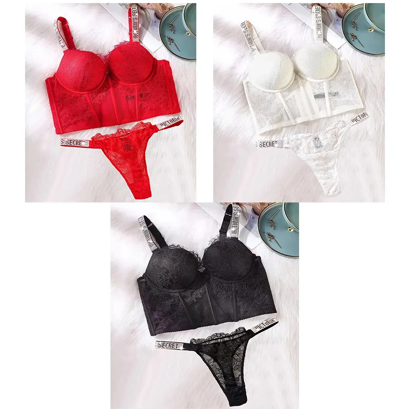 Lace Letters Vs Brand Design Sexy Rhinestone Underwear Women’S Comfortable Push Up Bra Set Seamless Underwear Victoria’S Secret