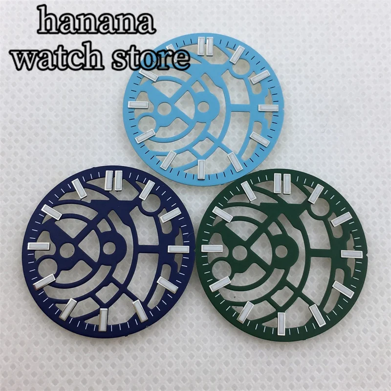 NH70 Hollow skeleton dial 28.5mm Black blue green white dial green luminous suitable for NH70 NH72 movement