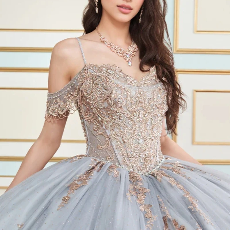 Blue Grey Shiny Quinceanera Dresses Ball Gown Off The Shoulder Applique Lace Beads Tull Party Birthday Sweet 16 Vestidos 15 De