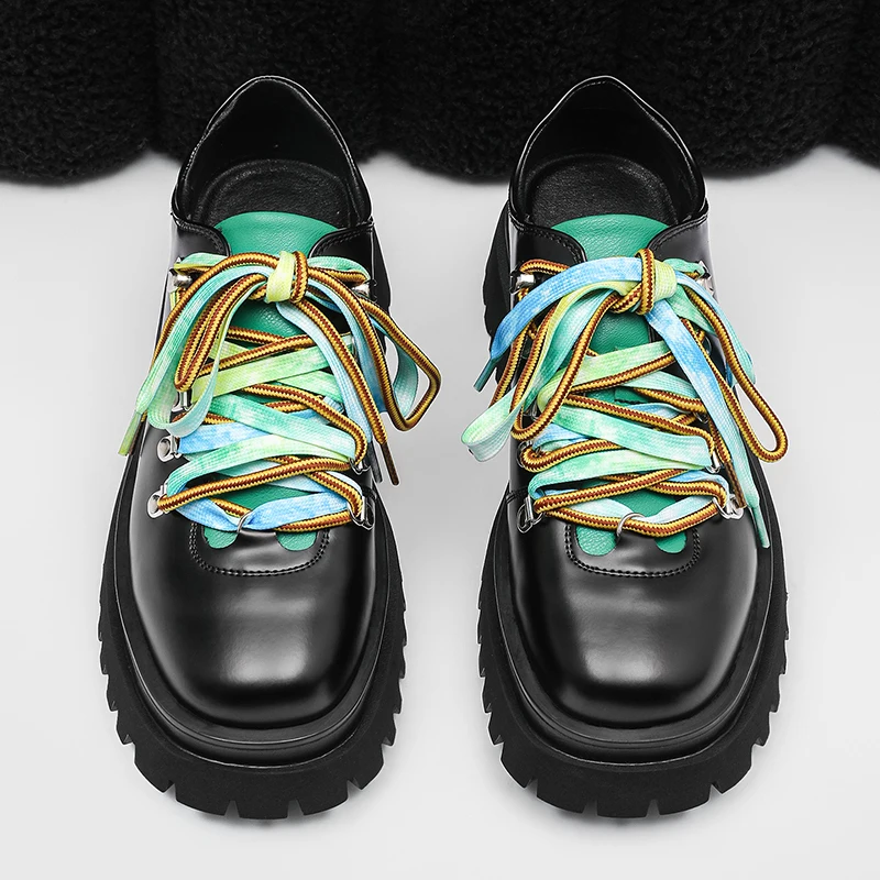New Fashionable Men Casual Shoes with Multifunctional Youthful Colorful Straps Men Thick Soled High Top English Derby Shoes