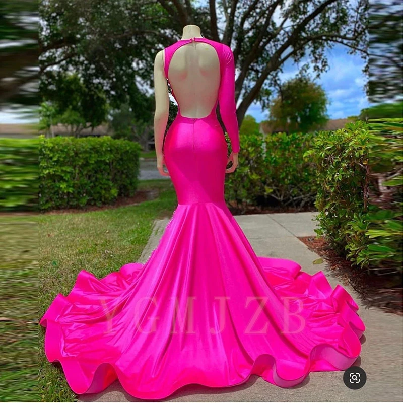 Hot Pink Rhinestone Prom Dresses Mermaid 2025 Luxury Black Girl Beaded Long Sleeve Backless Formal Evening Gown for Graduation