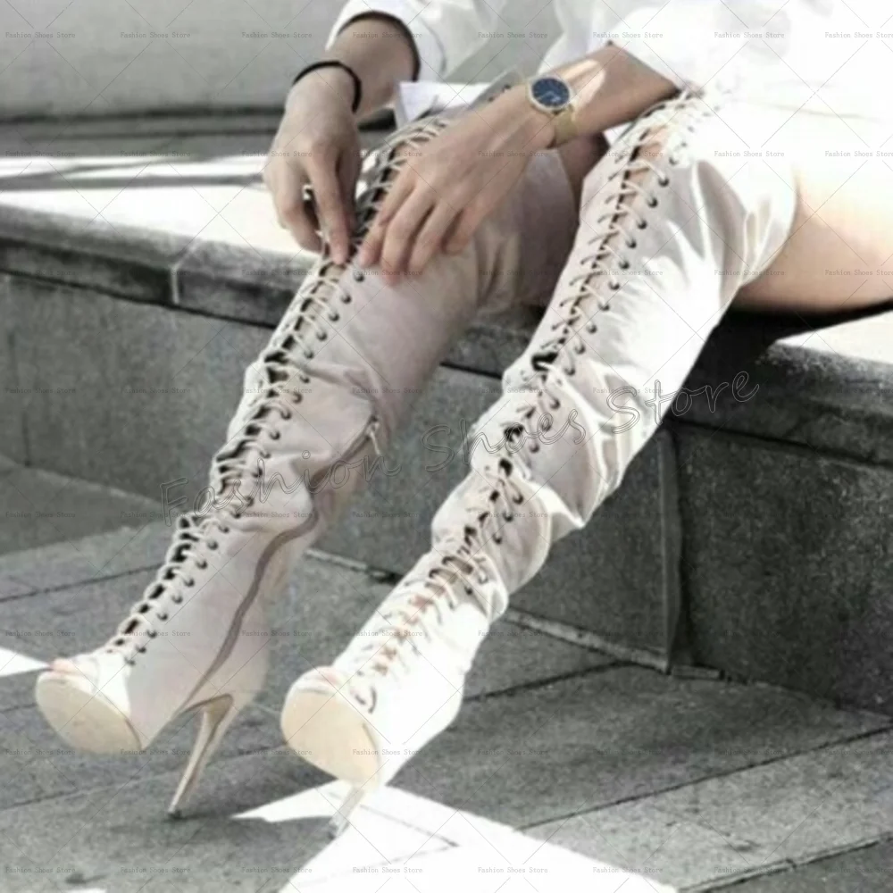 

White Side Zipper Lace up Sandals Boots Peep Toe Women Shoes Thin High Heels Party Banquet Dating 2025 Zapatos Para Mujere