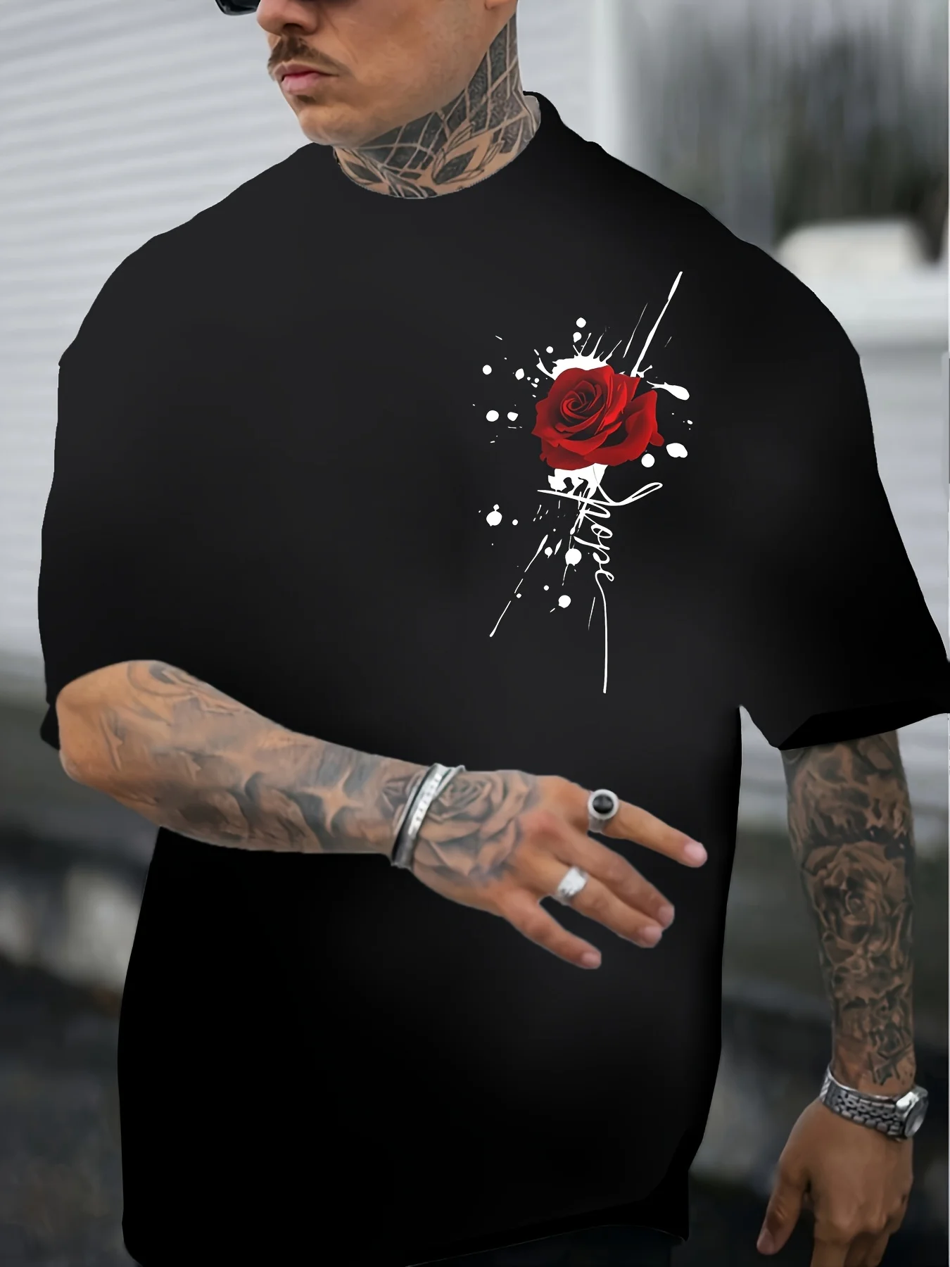 Gothic Floral Ink Splatter Red Rose Typography Mens 100% Cotton Oversized Tee Loose Short Sleeve Aesthetic Street Casual Tshirt