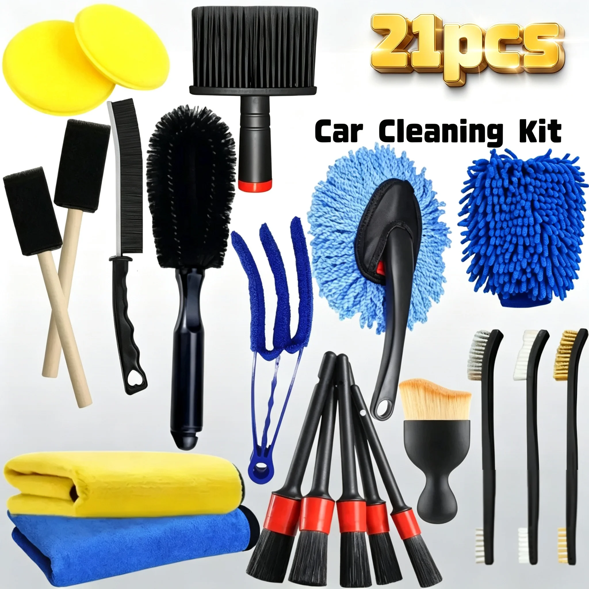 13Pcs/21Pcs Car Cleaning Tool Set Multi‑Purpose Brushes Sponges Wash Cloths For Auto Interior Exterior Detailing
