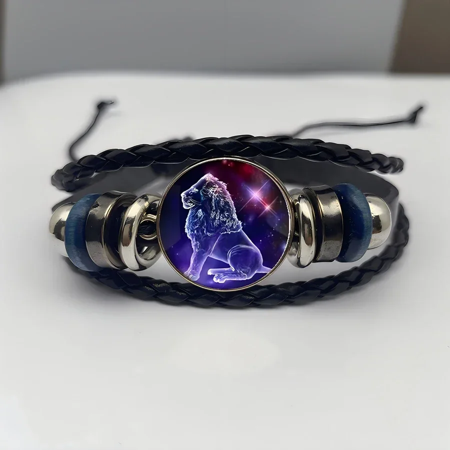New 12 Constellation Zodiac Black Braided Leather Bracelet Leo Virgo Taurus Glass Dome Jewelry Punk Men's Bracelet