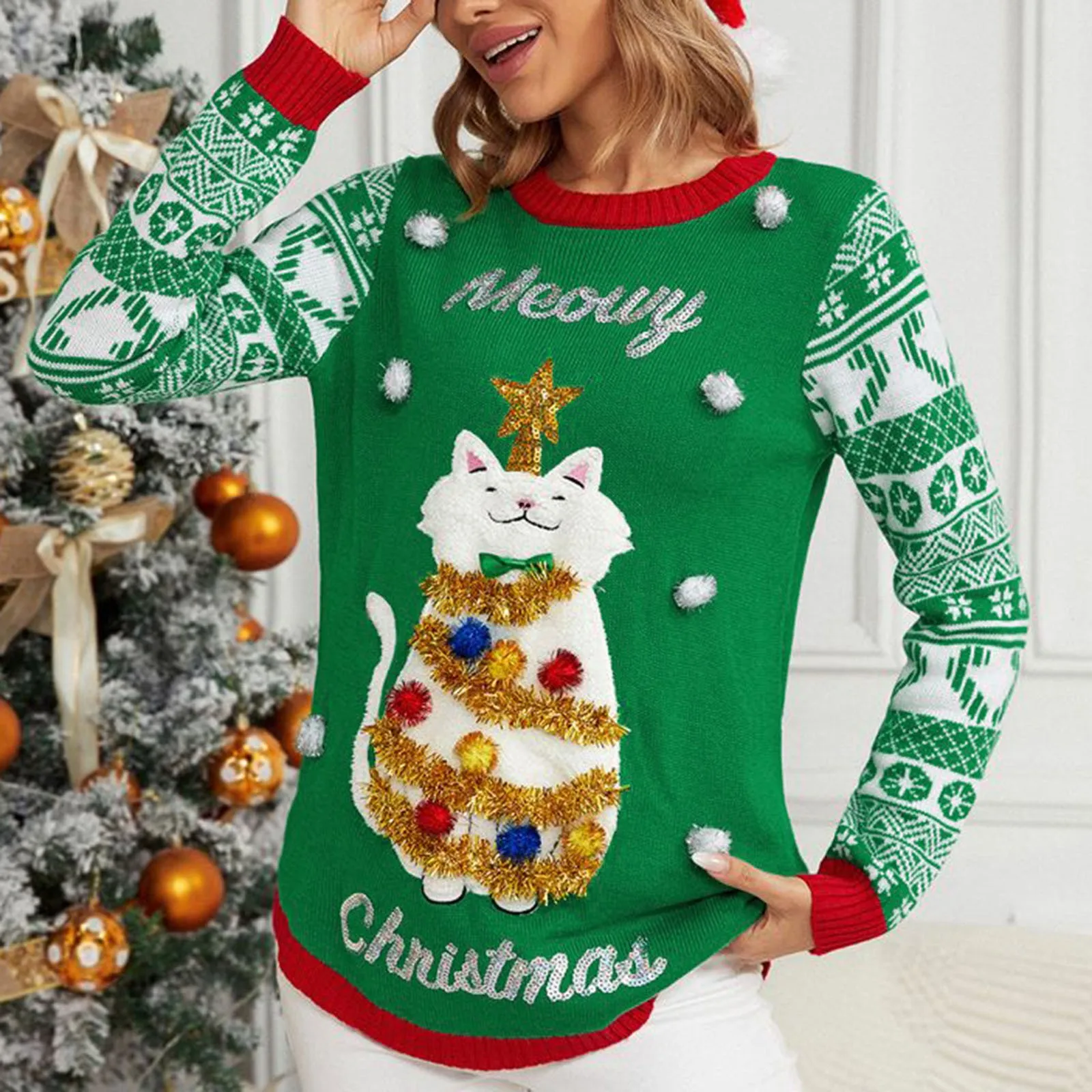 

Autumn And Winter Christmas Pattern Jacquard Pullovers For Women Cartoon Embroidered Sweater Round Neck Long Sleeve Casual Tops