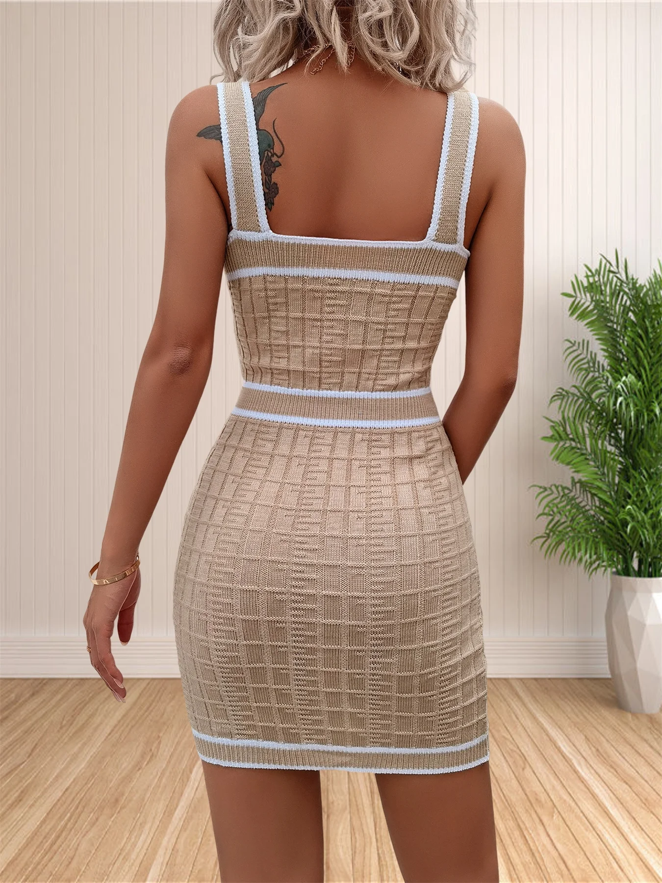 Dames Zomer Vierkante Hals Jurk Sexy Knoop Strappy Bodycon Gebreide Jurken Dames Slim Fit Bruiloft Gast Mini Jurk