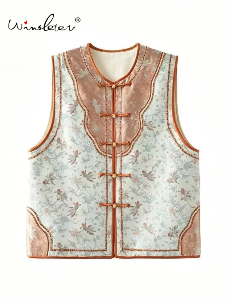 Winsleter-100%Real Silk Song Brocade Elegant Vest Coat, O Neck Cartoon, Women Vintage Chic Waistcoat, 2026 Autumn New C6O436CC