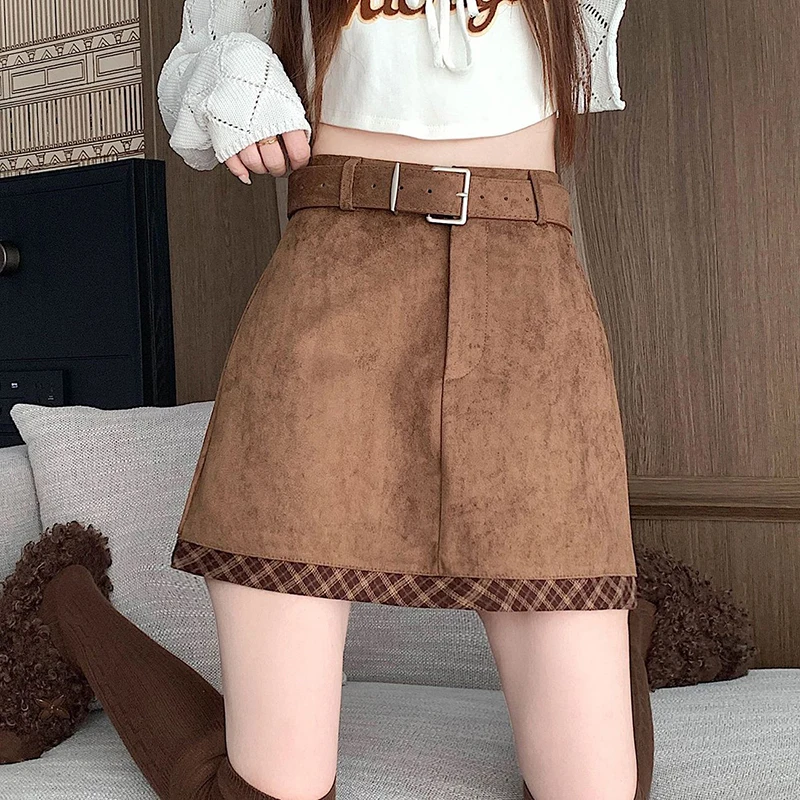 American Faux Suede Belt Skirt Women Plaid Patchwork High Waist Hottie Mini Skirt Spring Autumn Retro Loose A Line Female Skirt