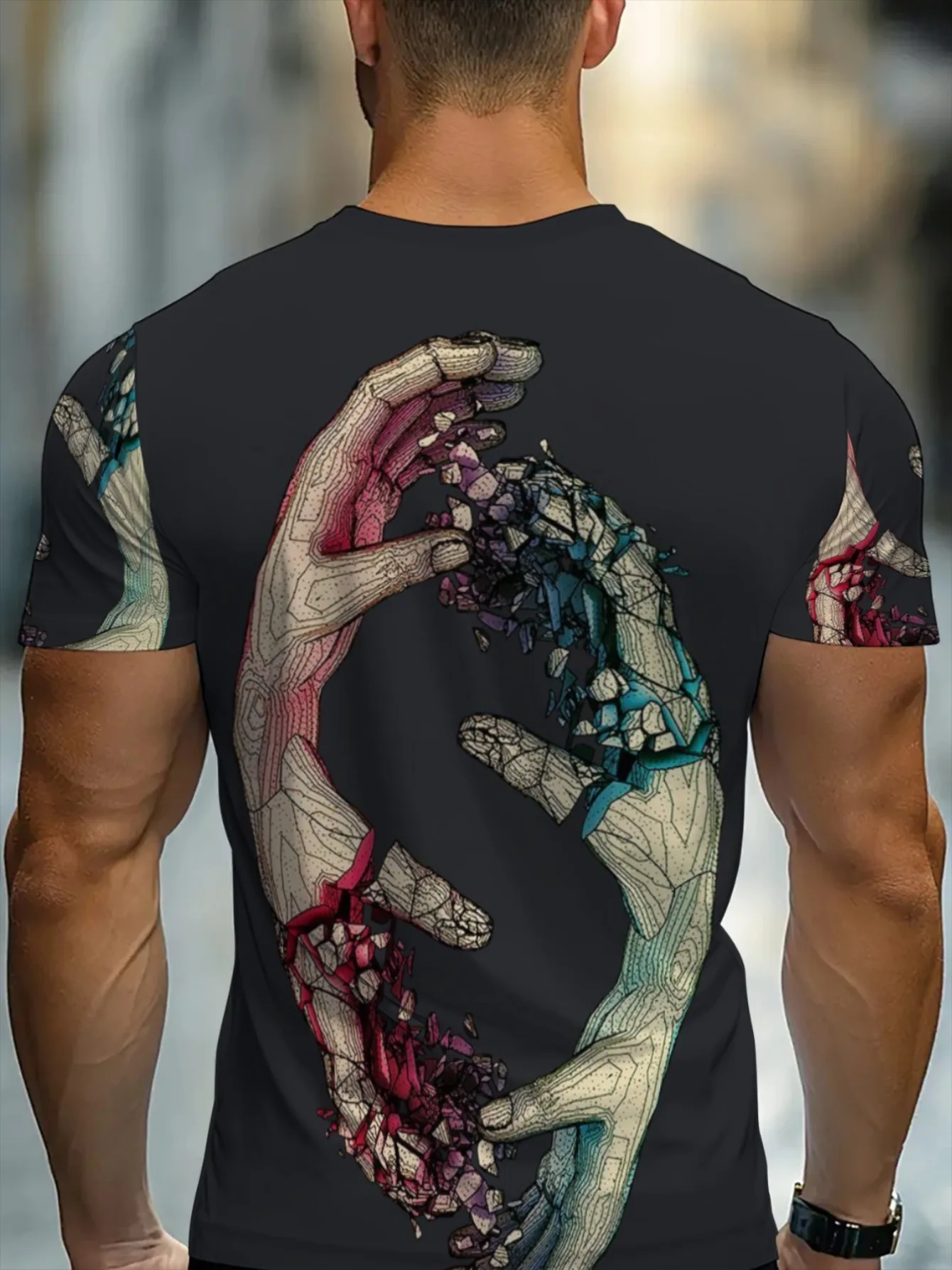 Men Black Tee Crack Fragment Hands Abstract Print O Neck Short Sleeve Summer Casual Top