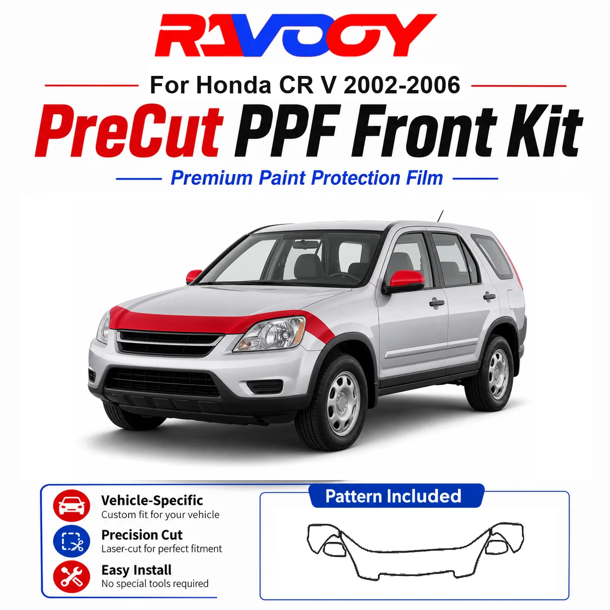 

8.5mil TPU Precut PPF Kit For Honda CR V 2002-2006 - Hood, Partial Fenders & Full Mirror Set - Self-Healing Gloss Clear Bra Film