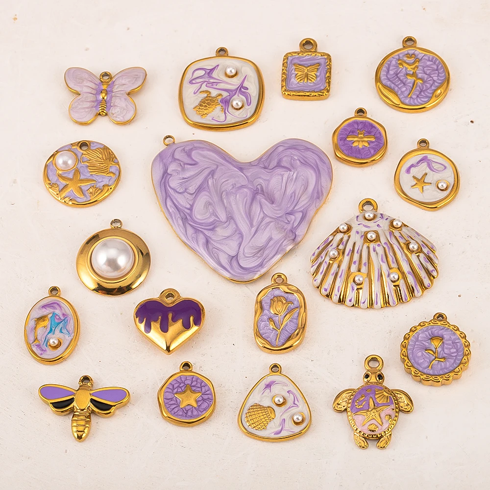 2pcs 304 Stainless Steel Purple Vintage Enamel Pendant Butterfly Love Heart for DIY Earrings Necklace Jewelry Making Accessories