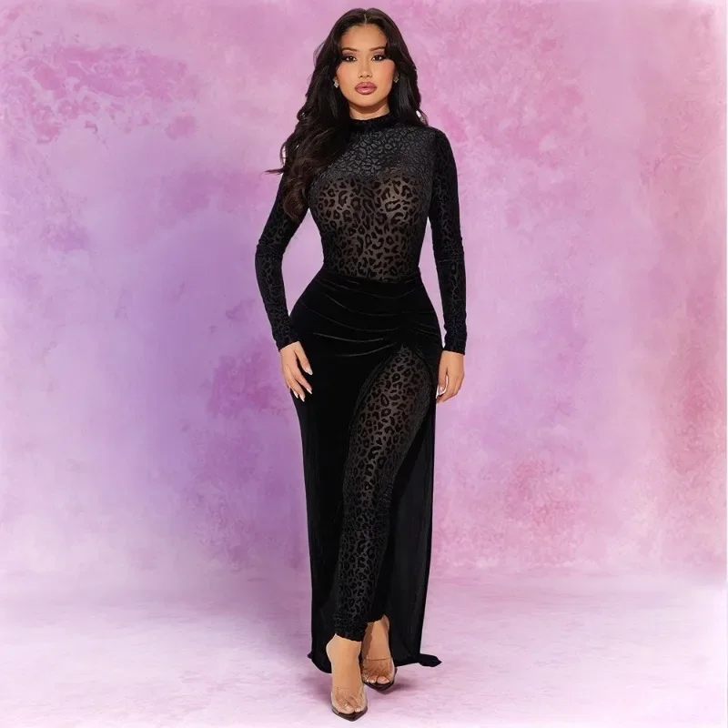 Women Sexy 2 Piece Set See Through Leopard Flocking Long Sleeve Jumpsuit + High Waist Ruched Split Velvet Long Skirt Party Suits