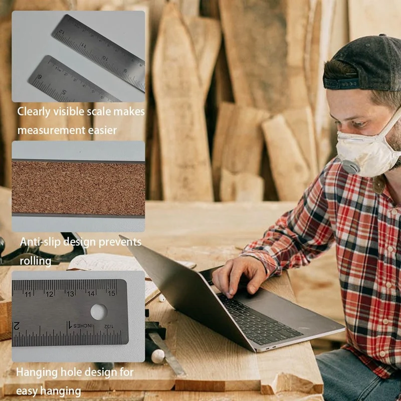 Stainless Steel Cork Back Metal Ruler, 6 Inch 12 Inch Straight Edge Cork Base Rulers, Metal Ruler Cork Backed