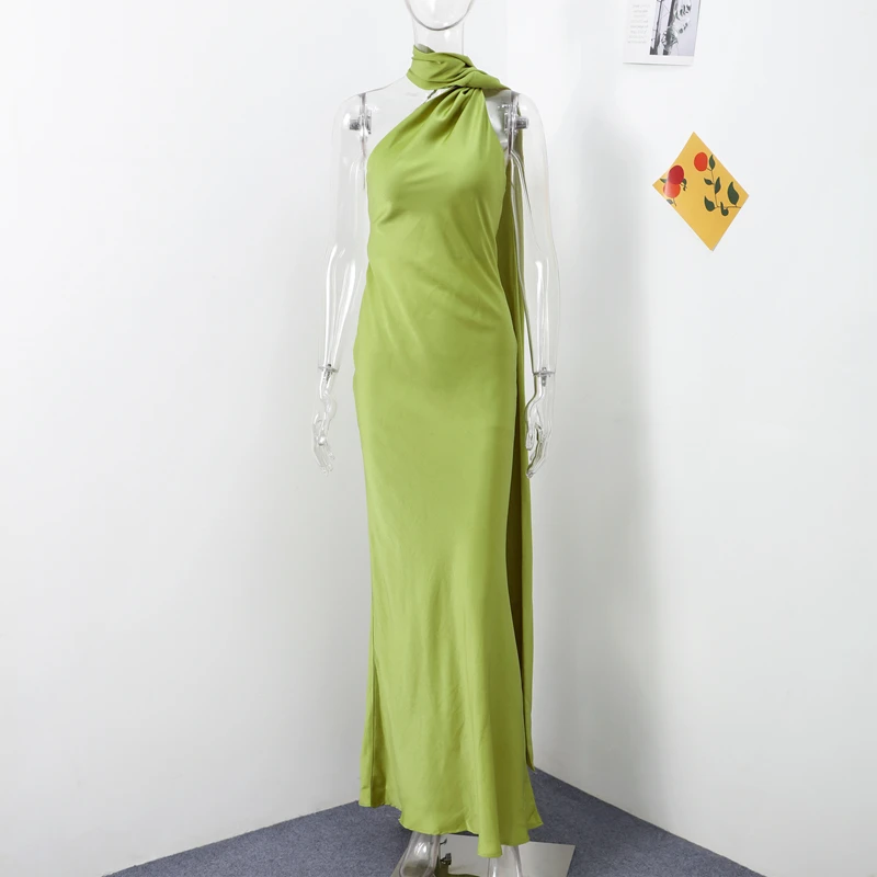 Vrouwen Backless Off Shoulder Bodycon Lange Jurk Sexy Satijnen Lint Mouwloze Vrouwelijke Gewaden 2024 Nieuwe Zomer Elegante Dame Feestjurk