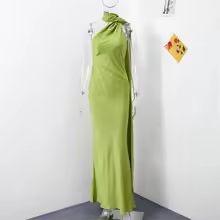 Backless Dress Satin Halter Off Shoulder Party Gown for Women - Green