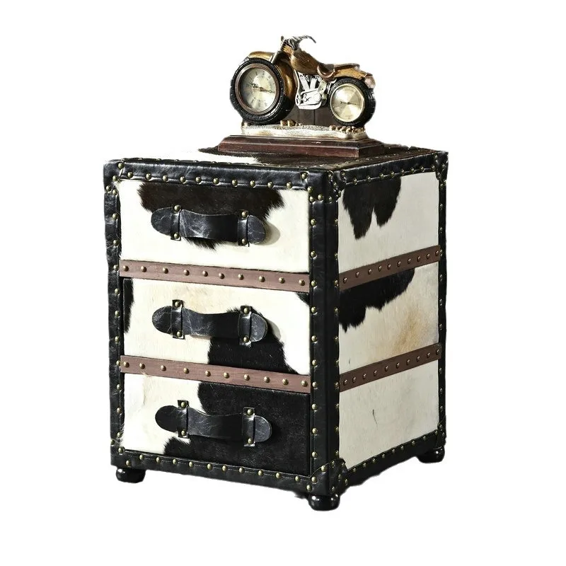Industrial style first layer cowhide retro bedside table dairy cow fur box decorative cabinet