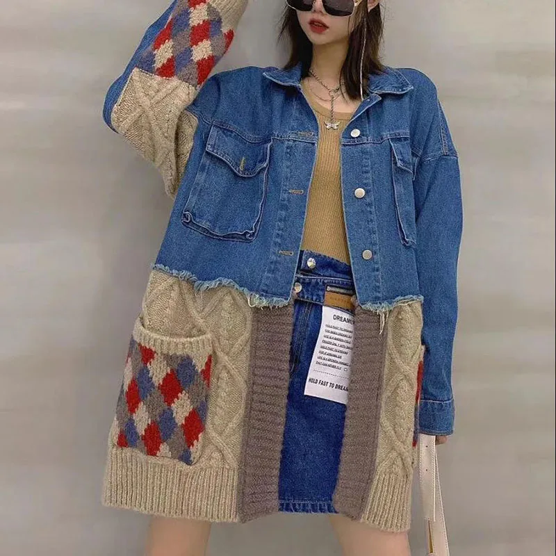 Knitted Stitching Denim Jacket Women coat 2022 Spring Autumn Jackets New Long-Sleeved Loose Outerwear Mid-Length Casaco Feminino