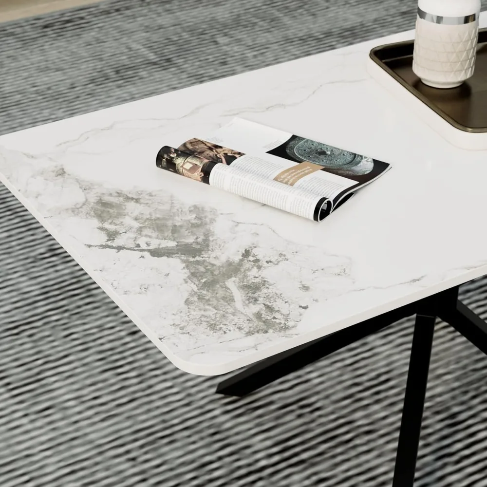白い大理石のコーヒーテーブル、モダンな40インチのリビングルームテーブル、長方形の焼結石の天板と黒い金属脚、スタイリッシュなセンターテーブル
