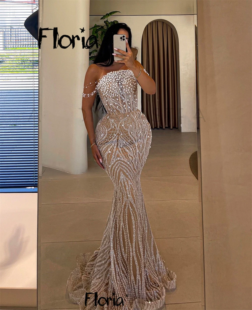 Floria Strapless Champagne Cocktail Dress Luxury Mermaid Sequins Wedding Party Gowns Formal Engagement Prom Dresses Pearls 2025