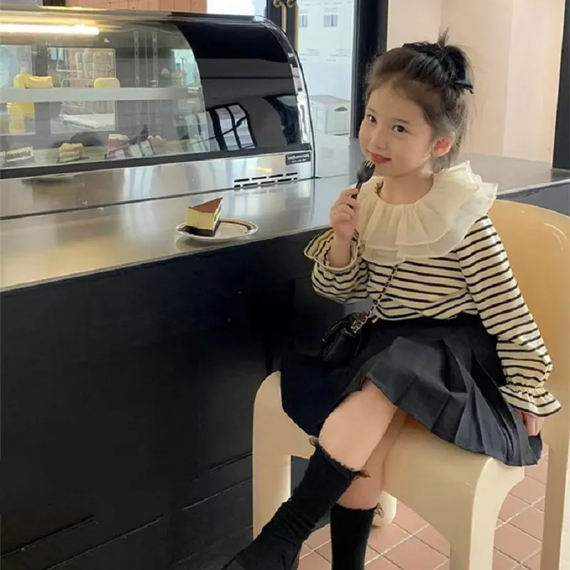 Girls' Outfit Striped Ruffle Collar Long Sleeve Base Shirt with Pleated Skirt25Spring and Autumn New Fashion Foreign Trade Child
