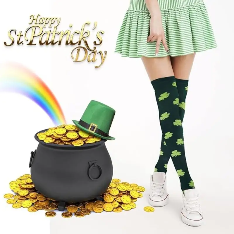 St. Patrick's Day Kleeblatt-Baumwollsocken in Wadenlänge, irischer Festtagsstil, bequem und atmungsaktiv, perfekt zum Verschenken.
