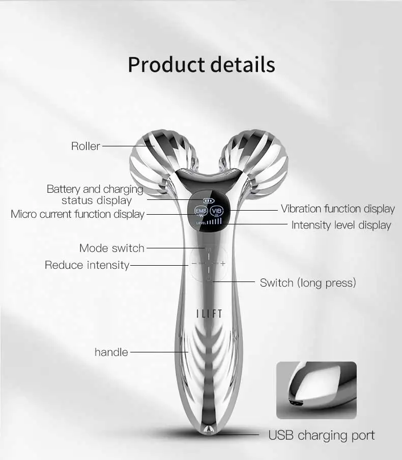 Hand Held Home Use Microcurrent Ems Beauty Tool Roller 3D Facial Roller Massager Face Lifting Skin Care Gadgets