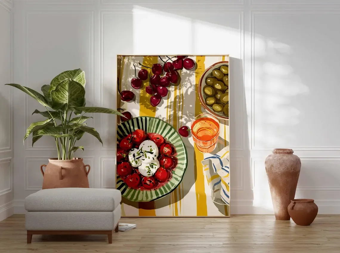 Mediterranean Kitchen Wall Art Print, Food Still Life Poster, Colorful Dining Room Artwork, Fruit and Salad Illustration, Rustic view 6