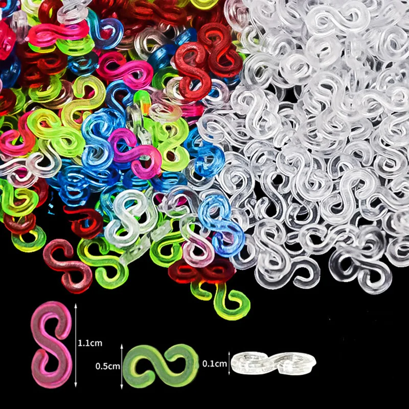 500/100pcs Acrylic S Clips Loom Rubber Band Clips Plastic Jewelry Connectors for Necklace Bracelet Making Colorful Clasp Refill